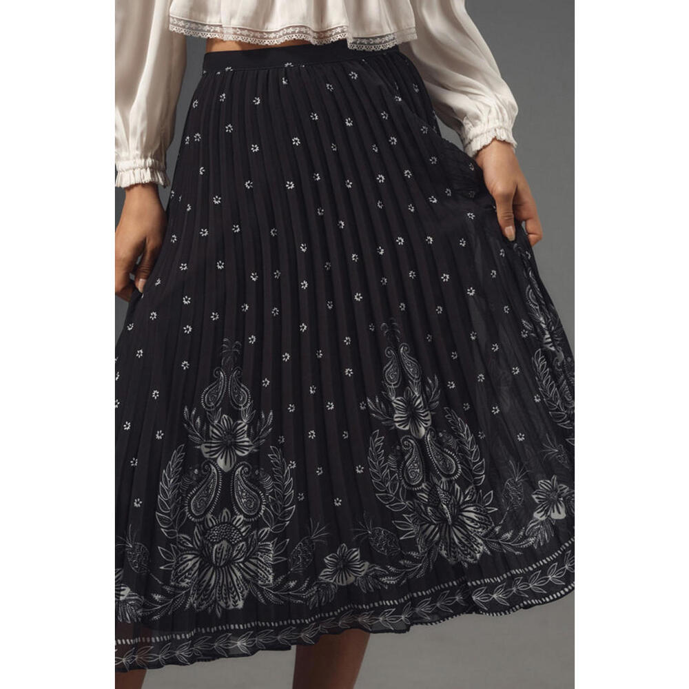 Farm Rio - Black Pleated Midi Skirt with Floral Border Print, Size L - Picture 2 of 7